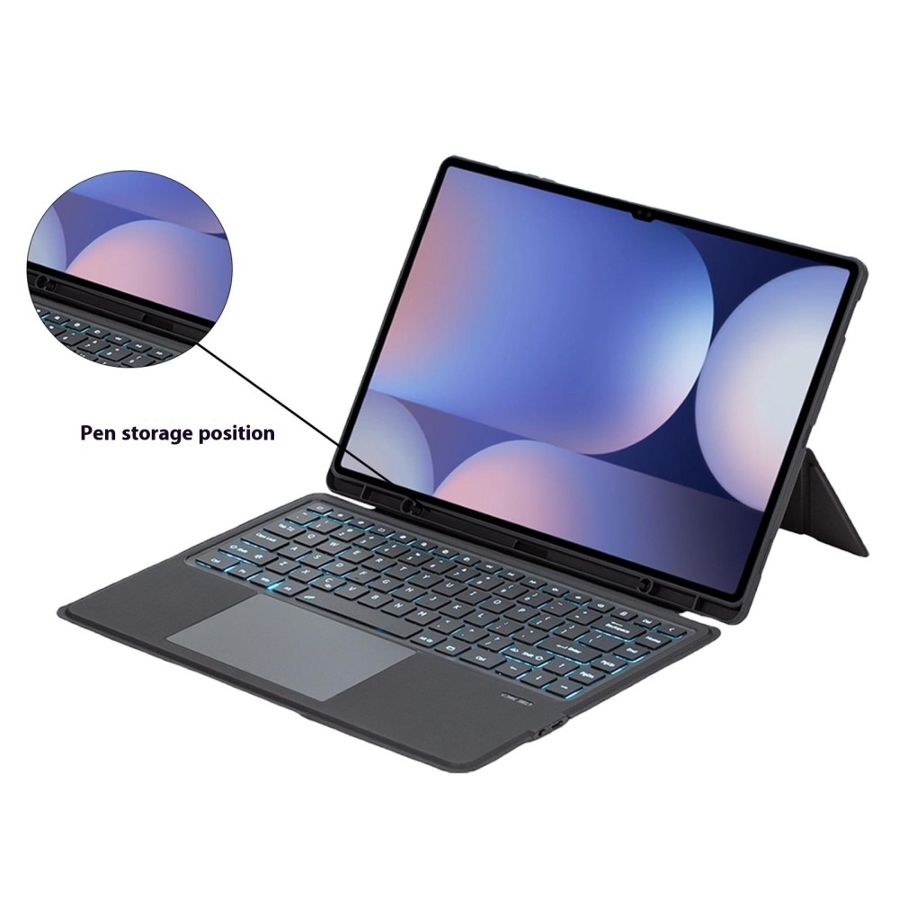 Samsung Galaxy Tab S10 Ultra / Tab S9 Ultra / Tab S8 Ultra Leder Tasche mit Bluetooth Tastatur   Touch Pad und S Pen Halter (QWERTY) - Schwarz