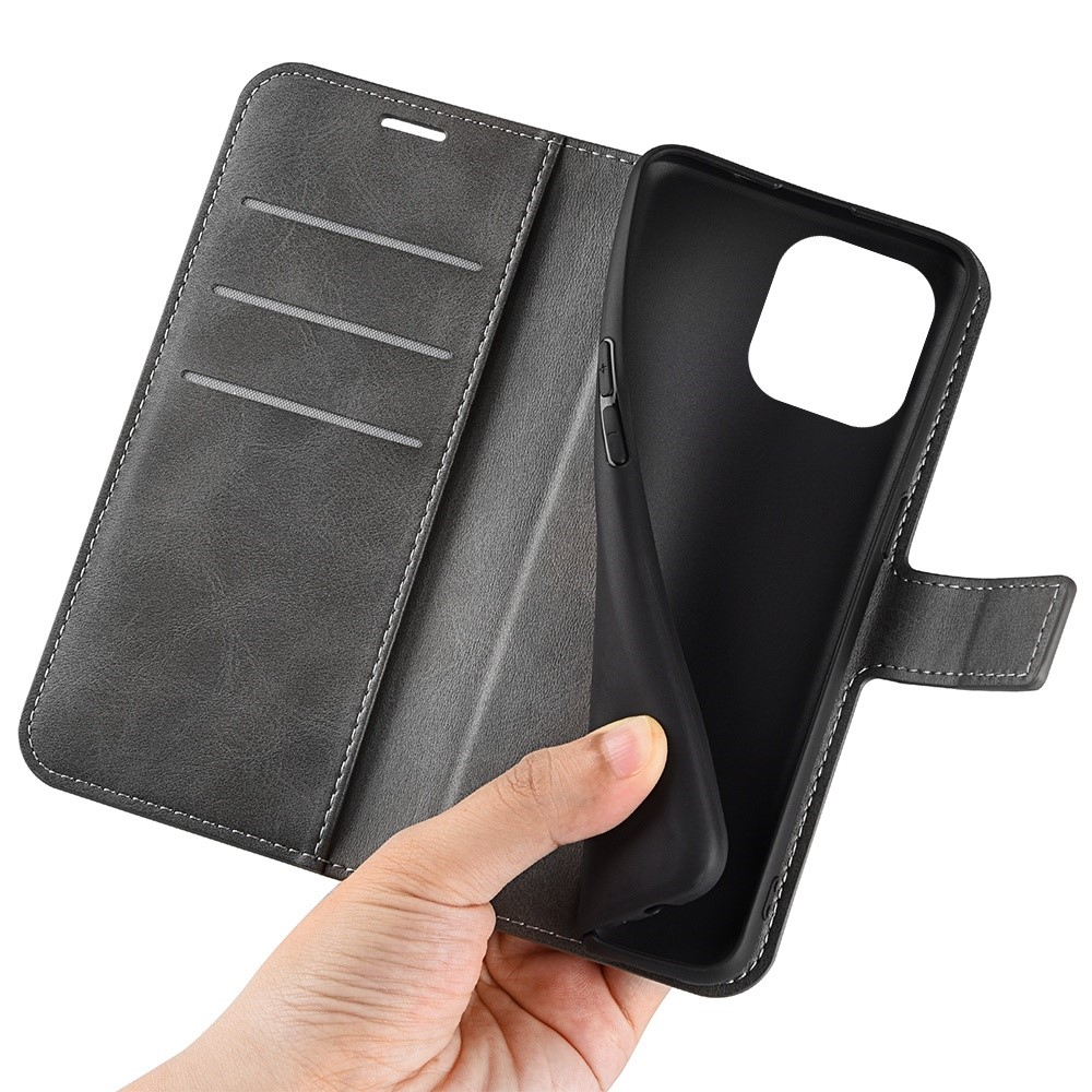 iPhone 14 Pro Vintage Leder Tasche Flip Cover Fashion Design - Grau