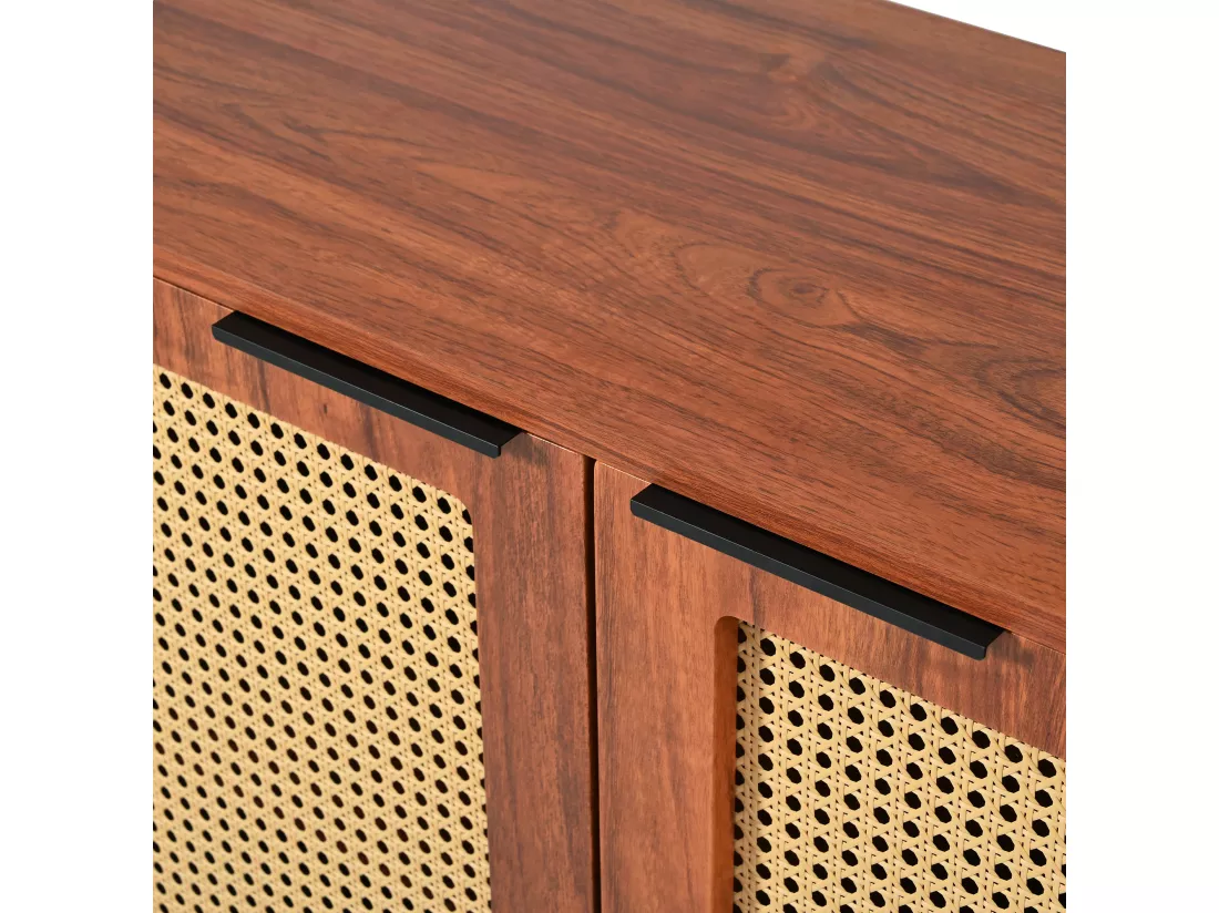 Buffet vintage en rotin avec 2 portes et 3 tiroir - 120 x 38 x 78 cm - MDF - pour cuisine et salon - Noyer