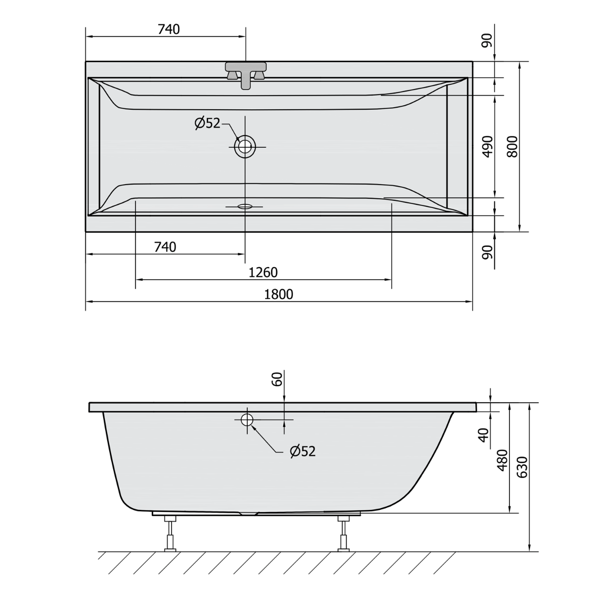 Polysan Cleo ligbad 180x80x48cm donkergrijs