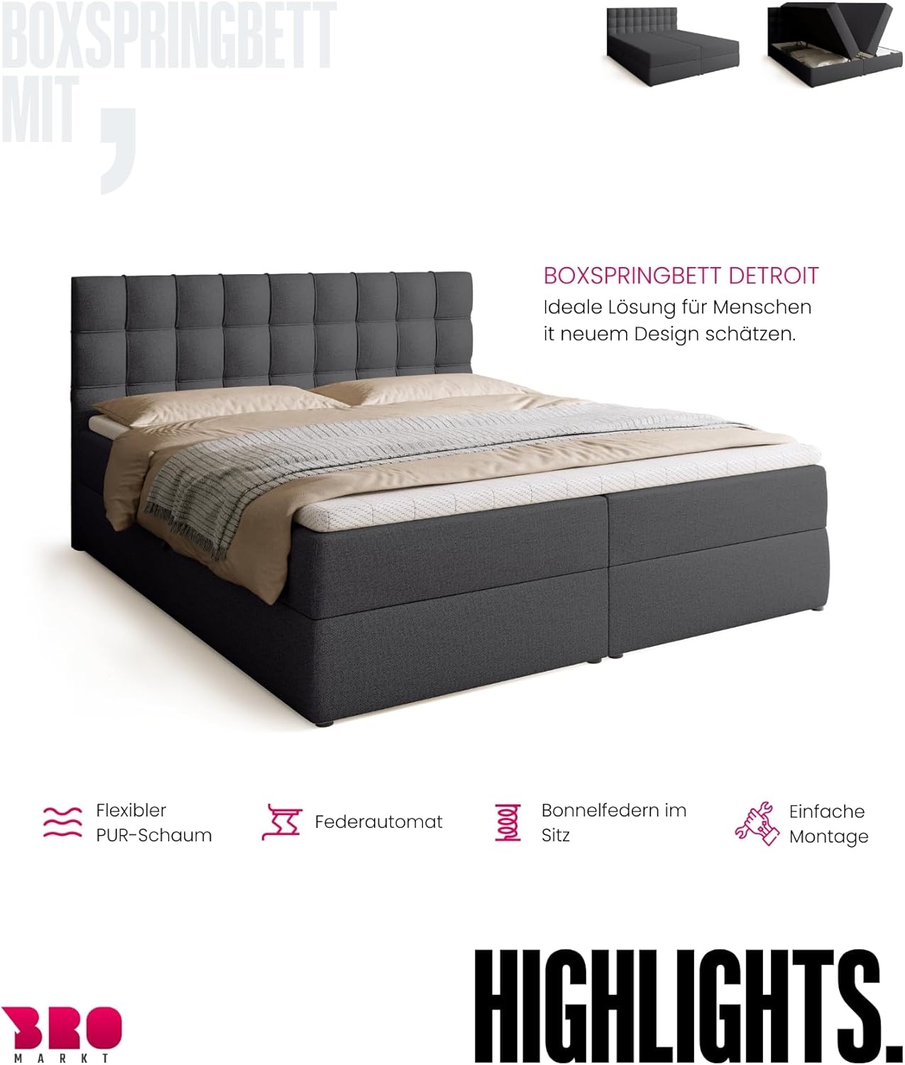 BROMARKT Boxspringbett mit Bonell Matratze und Bettkasten Doppelbett mit Topper 180x200cm Härtegrad H3 Bett für Schlafzimmer gepolsterte Kopfstütze Detroit Dunkelgrau