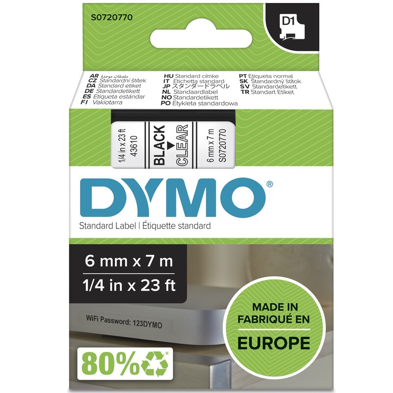 Dymo Band D1, S0720770, 6 mm, schwarz auf transparent