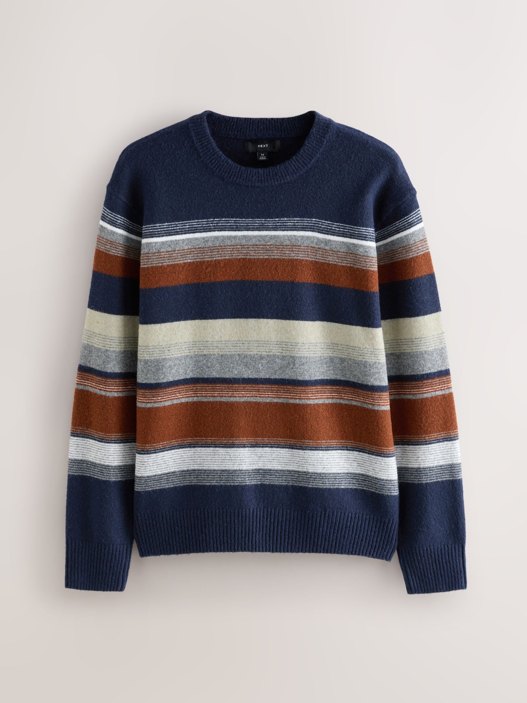 Donkerblauw - Regular Fit Cosy Stripe Crew Jumper with Wool