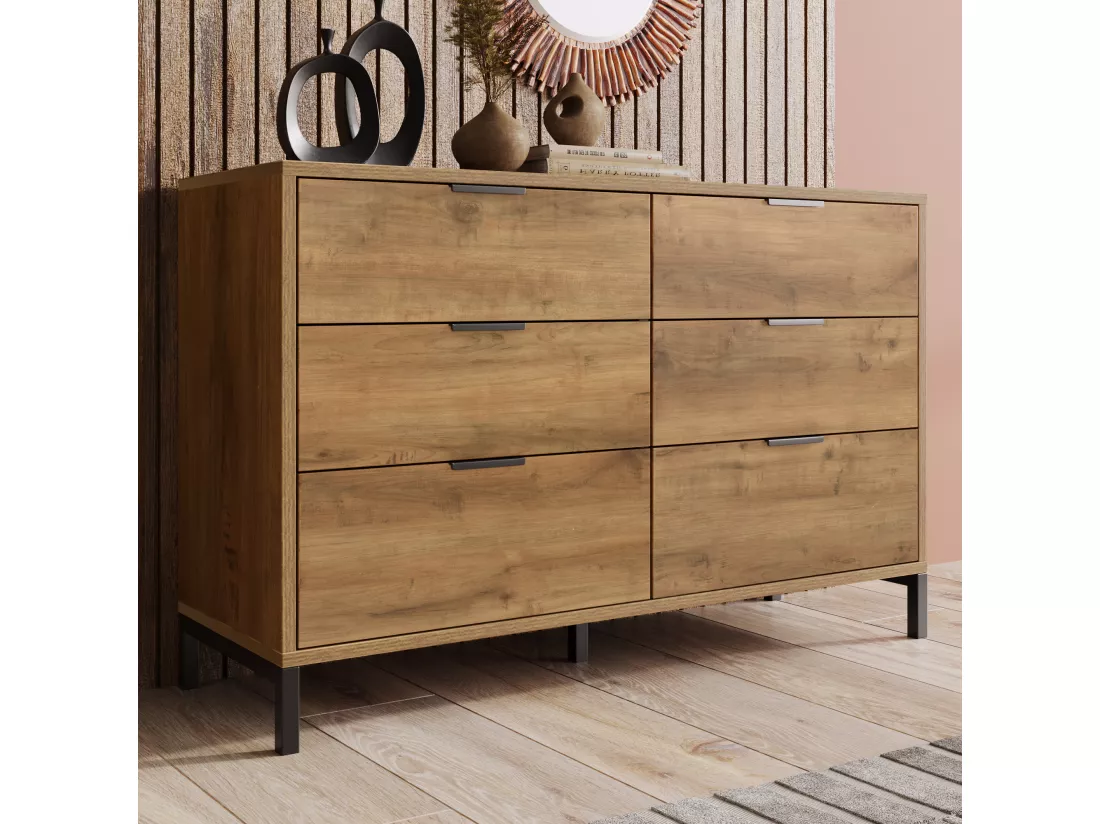 Commode, buffet avec 6 tiroirs, 120 x 40 x 76 cm, Panneaux de particules + métal, Chêne foncé