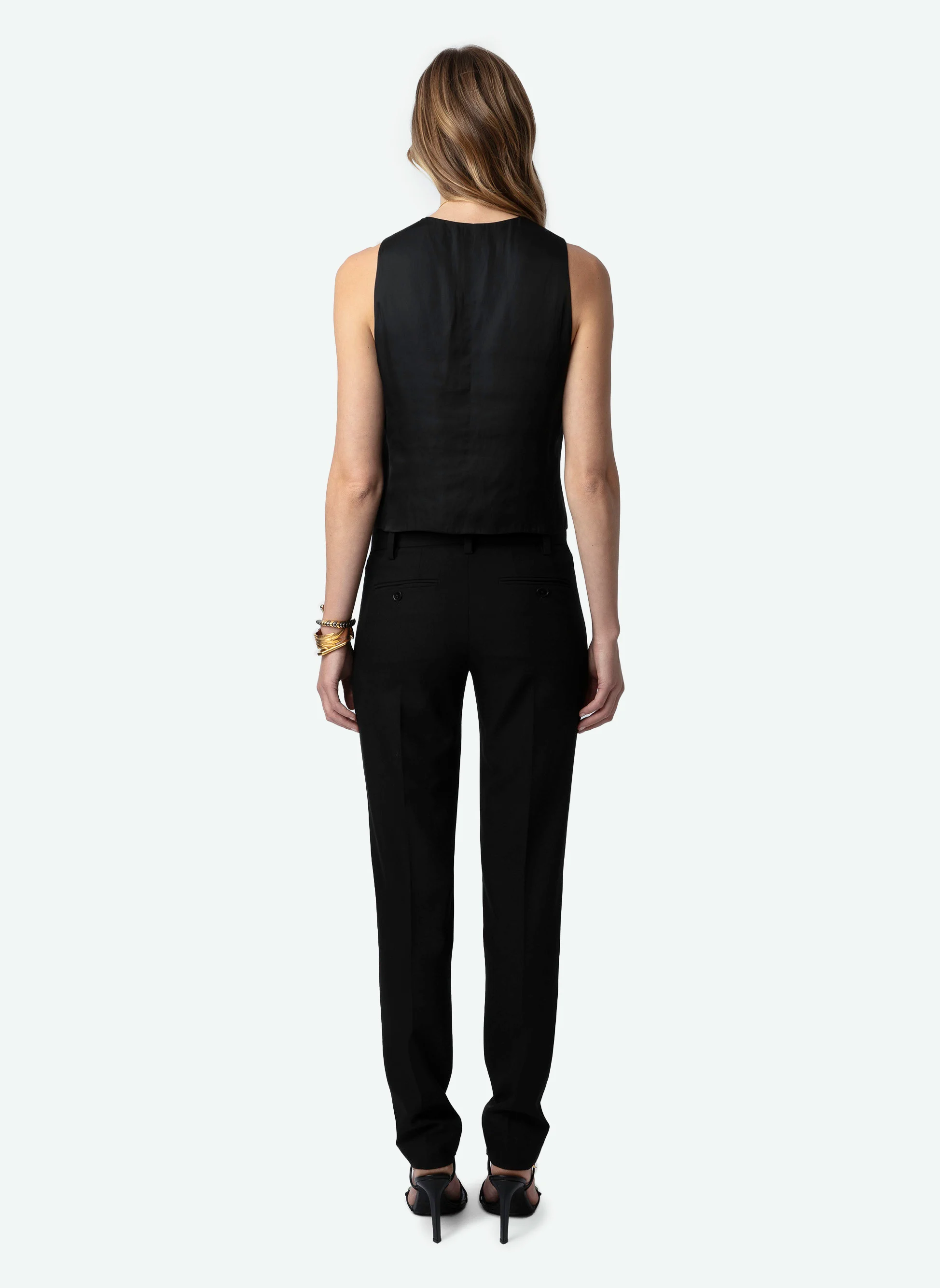 EMAUX - Gilet de costume col V en satin | Noir