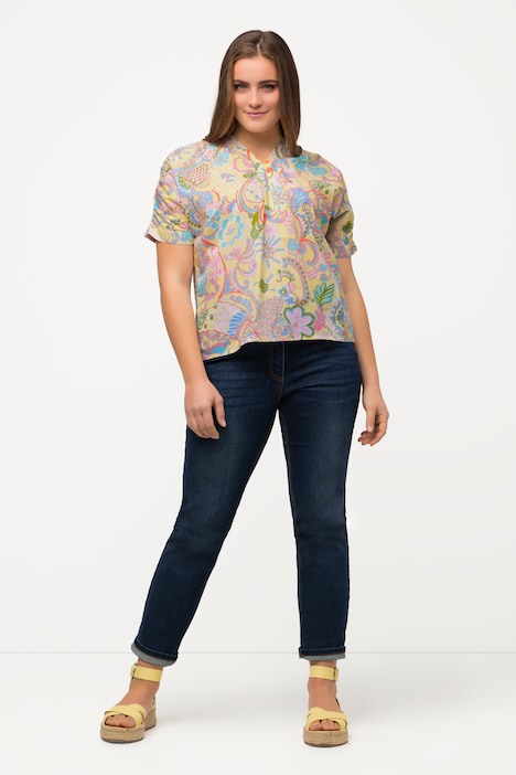 Bluse, floraler Druck, Oversized, V-Ausschnitt, Halbarm