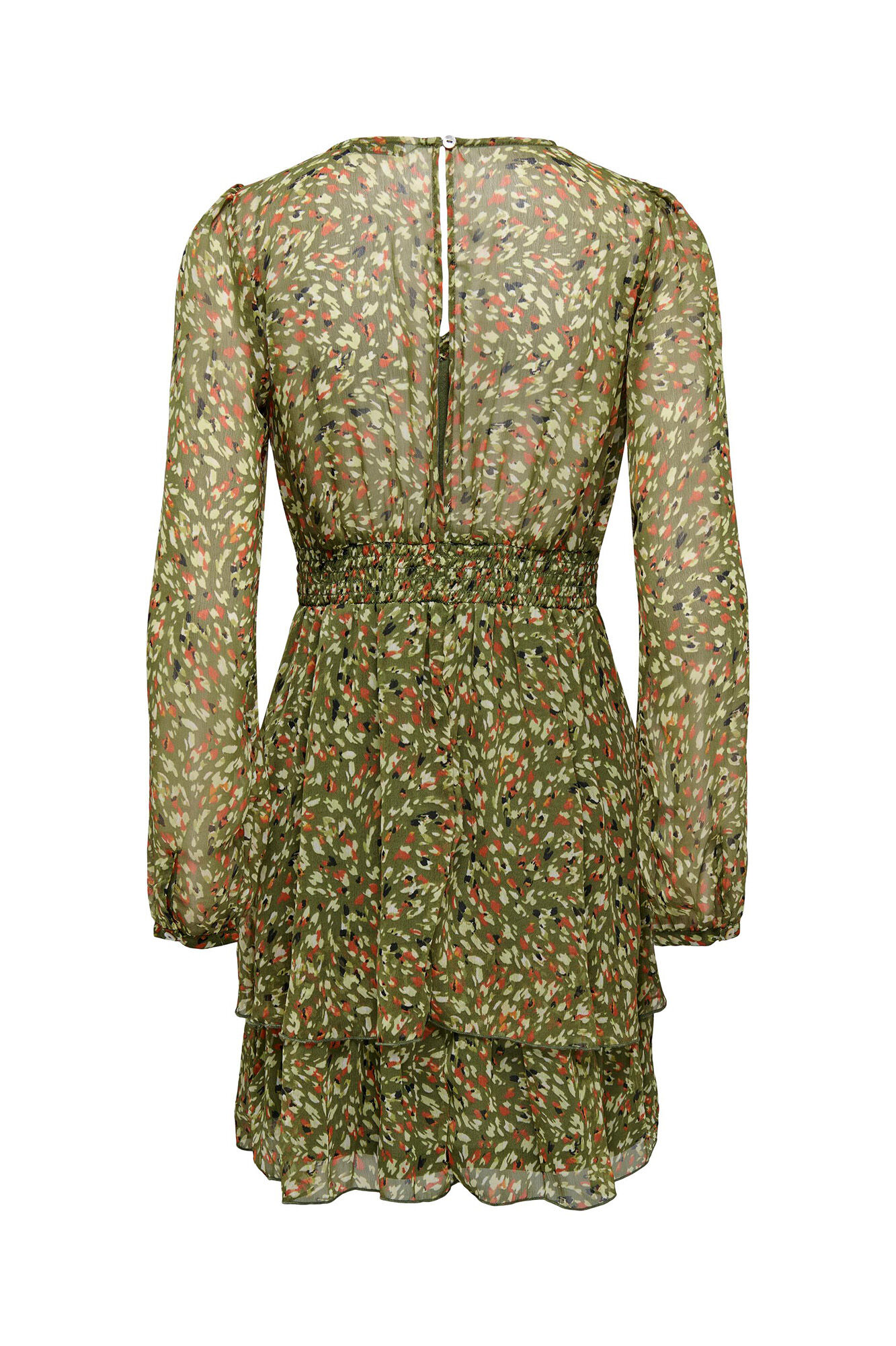 Vestido curto com mangas compridas e estampa.