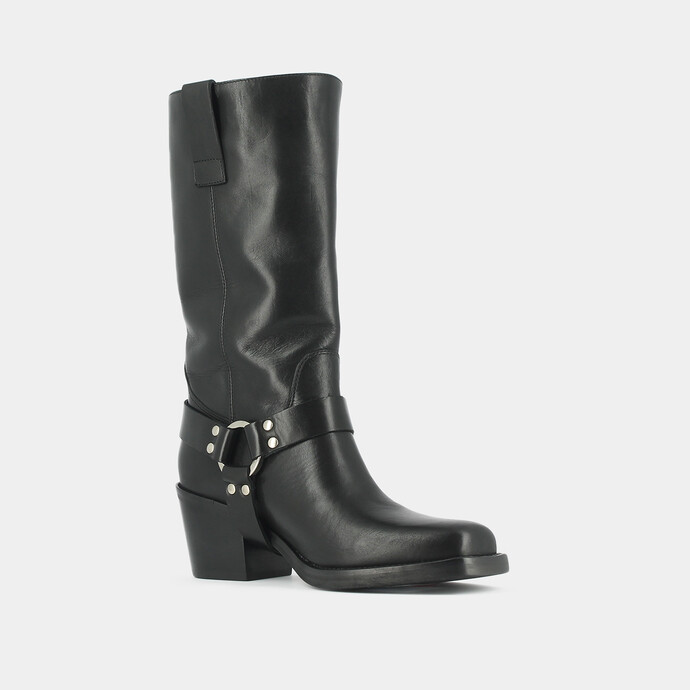 Bottes à bouts carrés et boucles argentées  en cuir noir