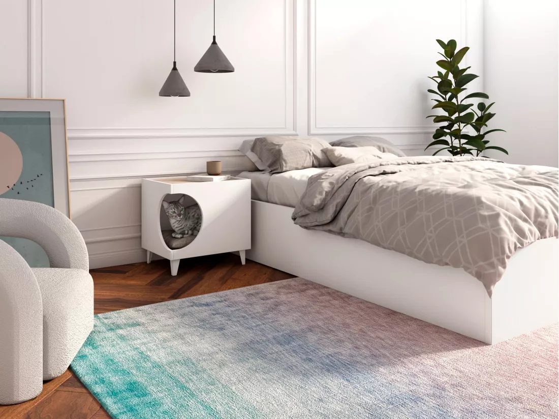 Table d'Appoint pour chien et chat ELLIE - Blanc/Chêne - Entrée latérale, 1 porte.