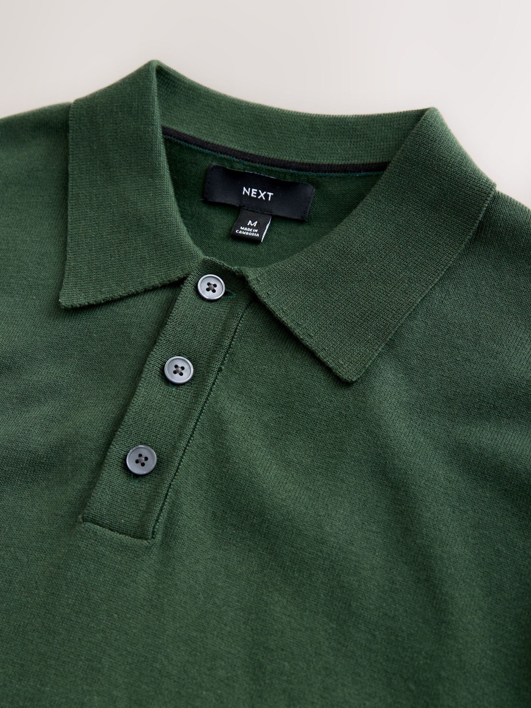Donkergroen - Normale Pasvorm - Katoenrijk gebreid poloshirt met lange mouwen