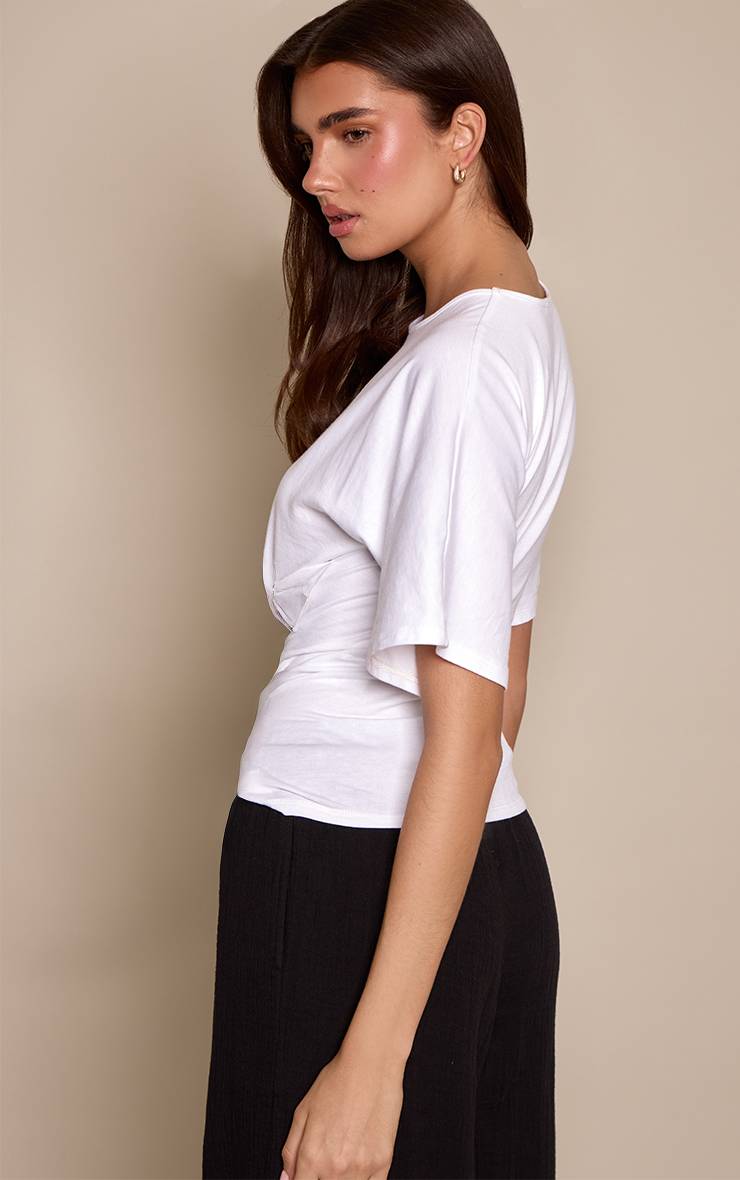 Blanc T-shirt À Manches Courtes En Coton Avec Panneau Froncé À La Taille