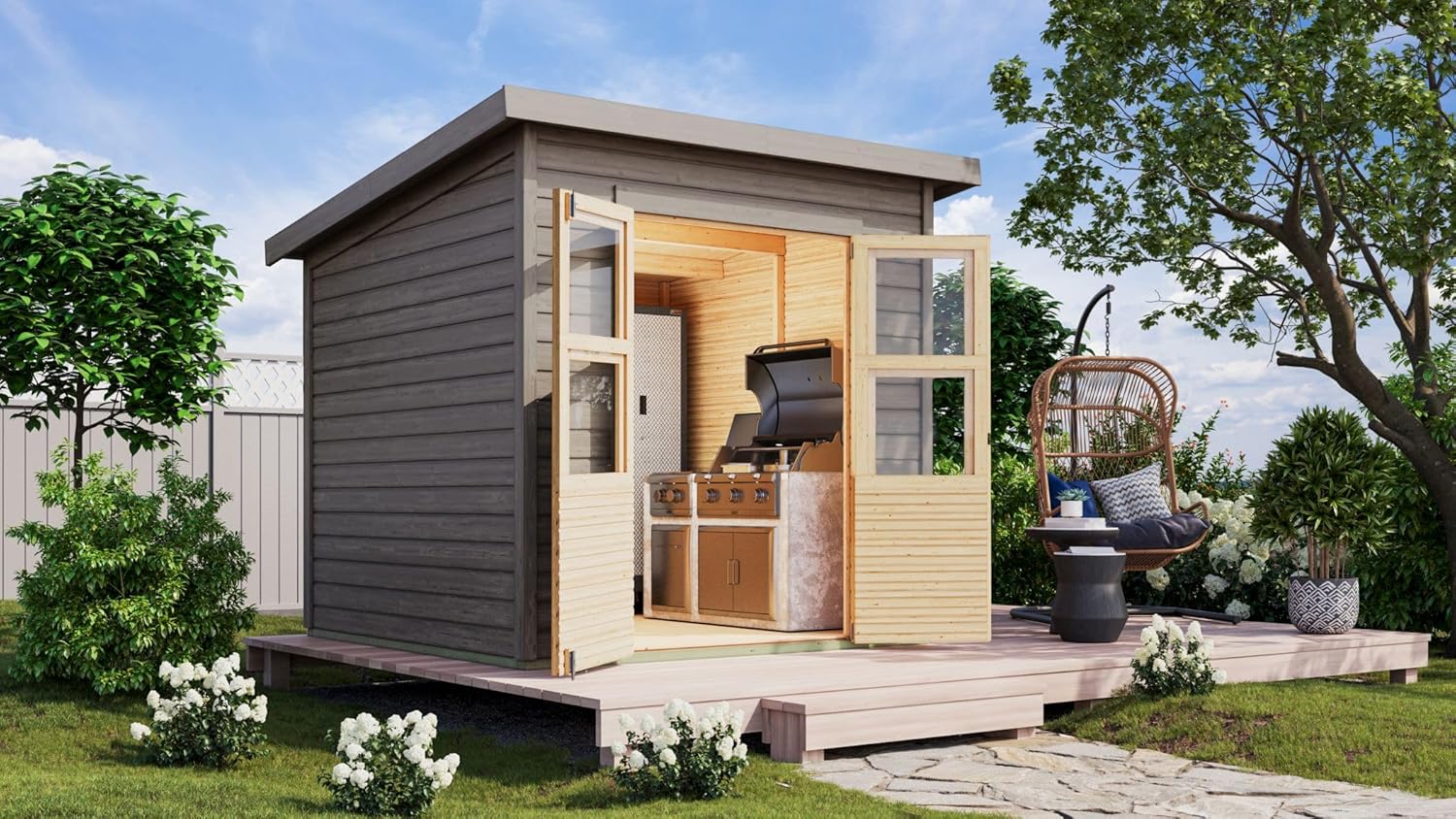 Karibu Gartenhaus Kano in 4 Größen optional mit Anbaudach, nordische Fichte, 14 mm Wandstärke, Pultdach mit Dachplatte, vorvergraut, lichtdurchflutet & wetterfest (Größe M)