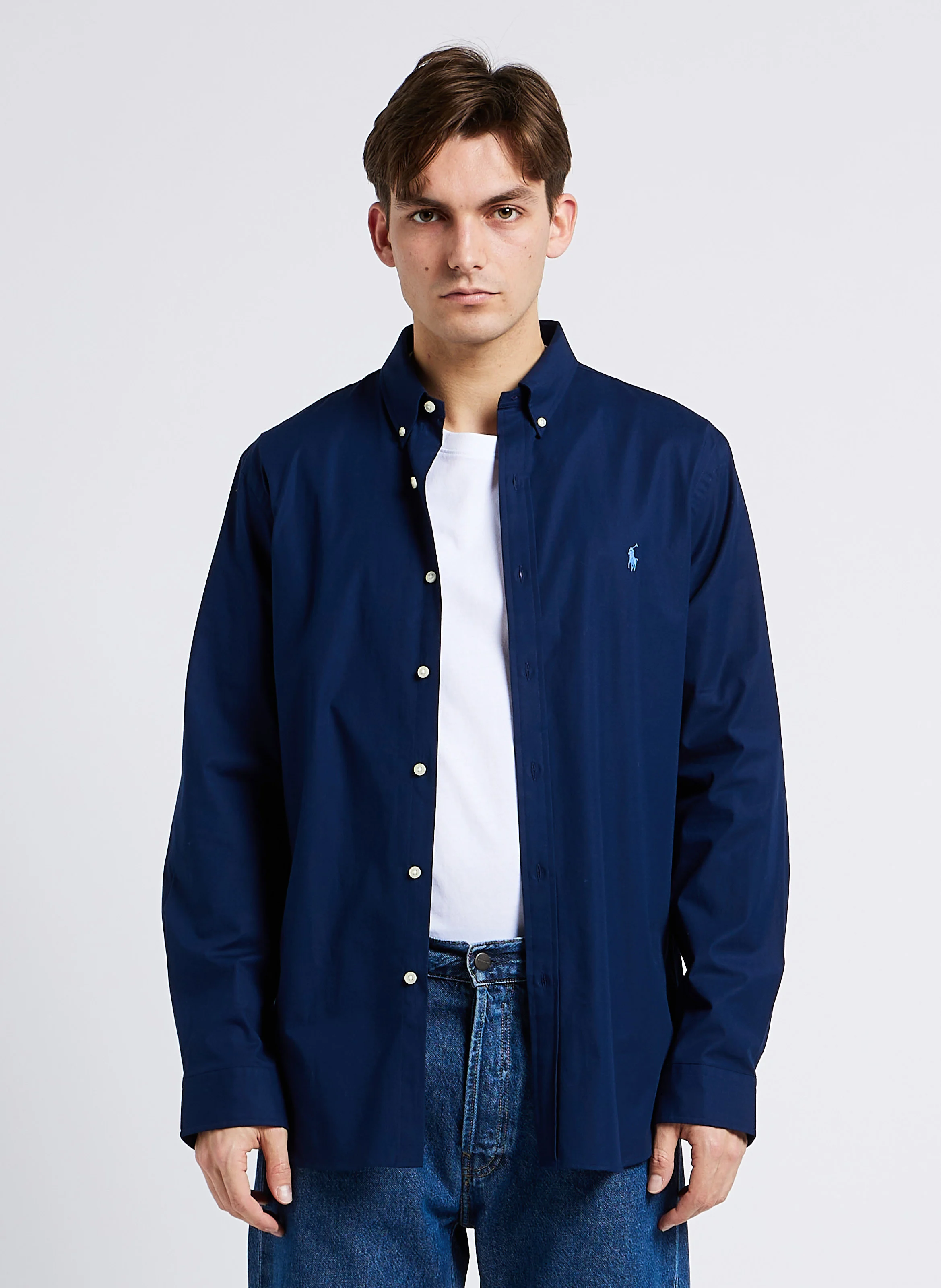 Chemise col américain en coton mélangé | Bleu