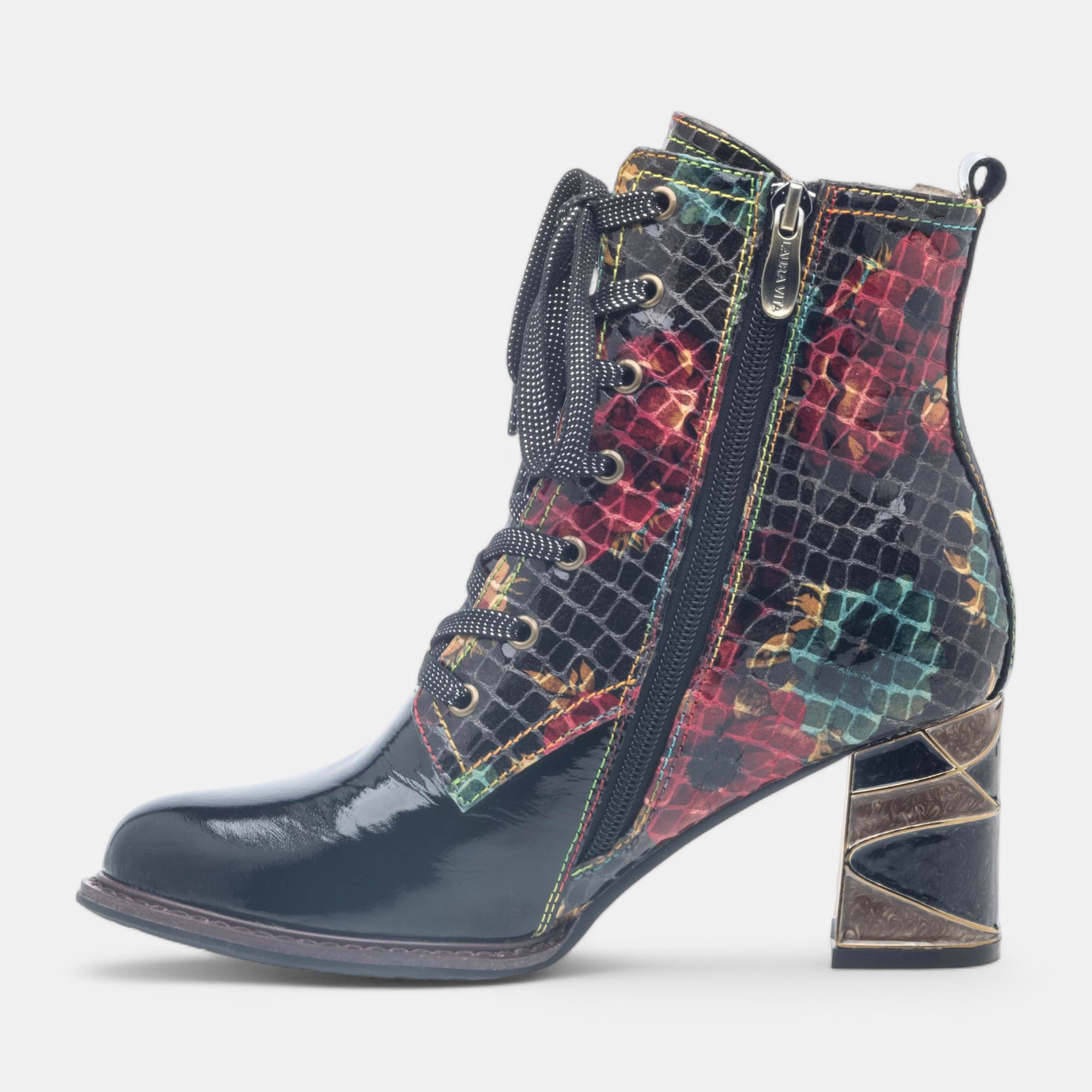 Bottines à lacets à talon Femme noir vernis