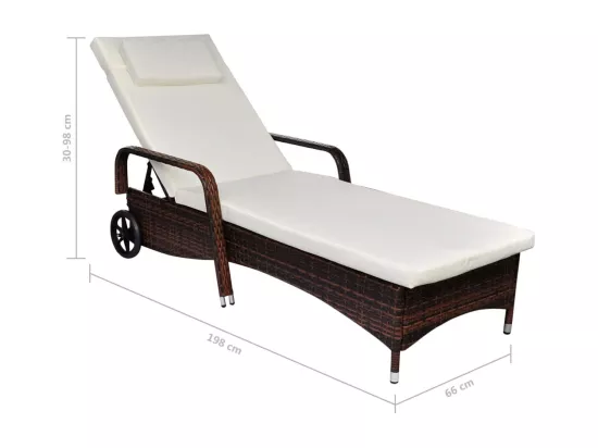 Chaise longue avec coussin et roues Résine tressée Marron