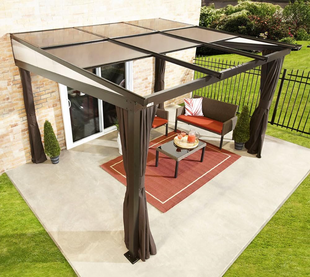 Sojag Budapest 1012 | Aluminium Terrassenüberdachung 3x4 m | Bronze | Verstellbare Dachplatten aus ACP & Doppelstegplatten | Mit Moskitonetz & Vorhängen | Ganzjährig wetterfest