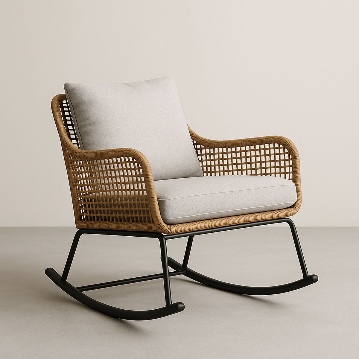 Rattan-Schaukelstuhl mit Stahlrahmen und PU-Schaumpolster, beige