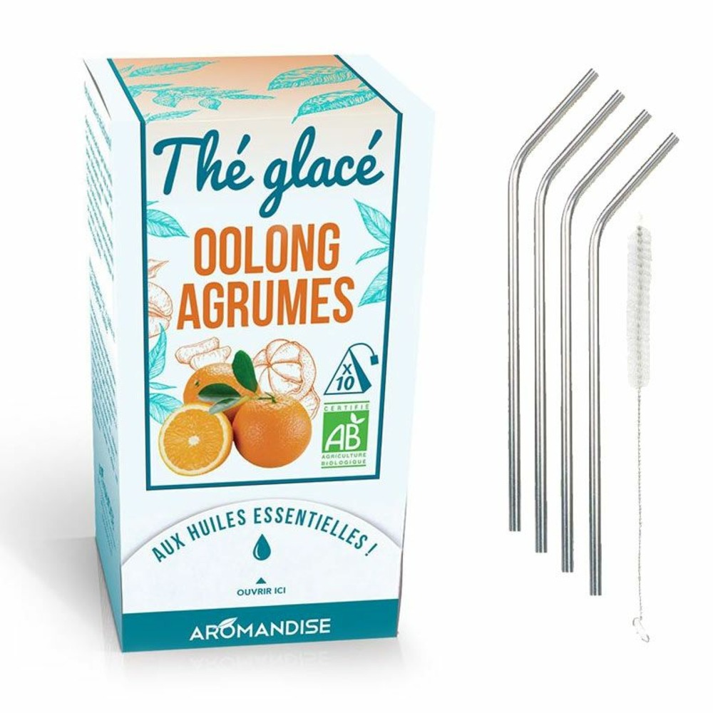 Thé glacé bio oolong agrumes + 4 pailles en inox