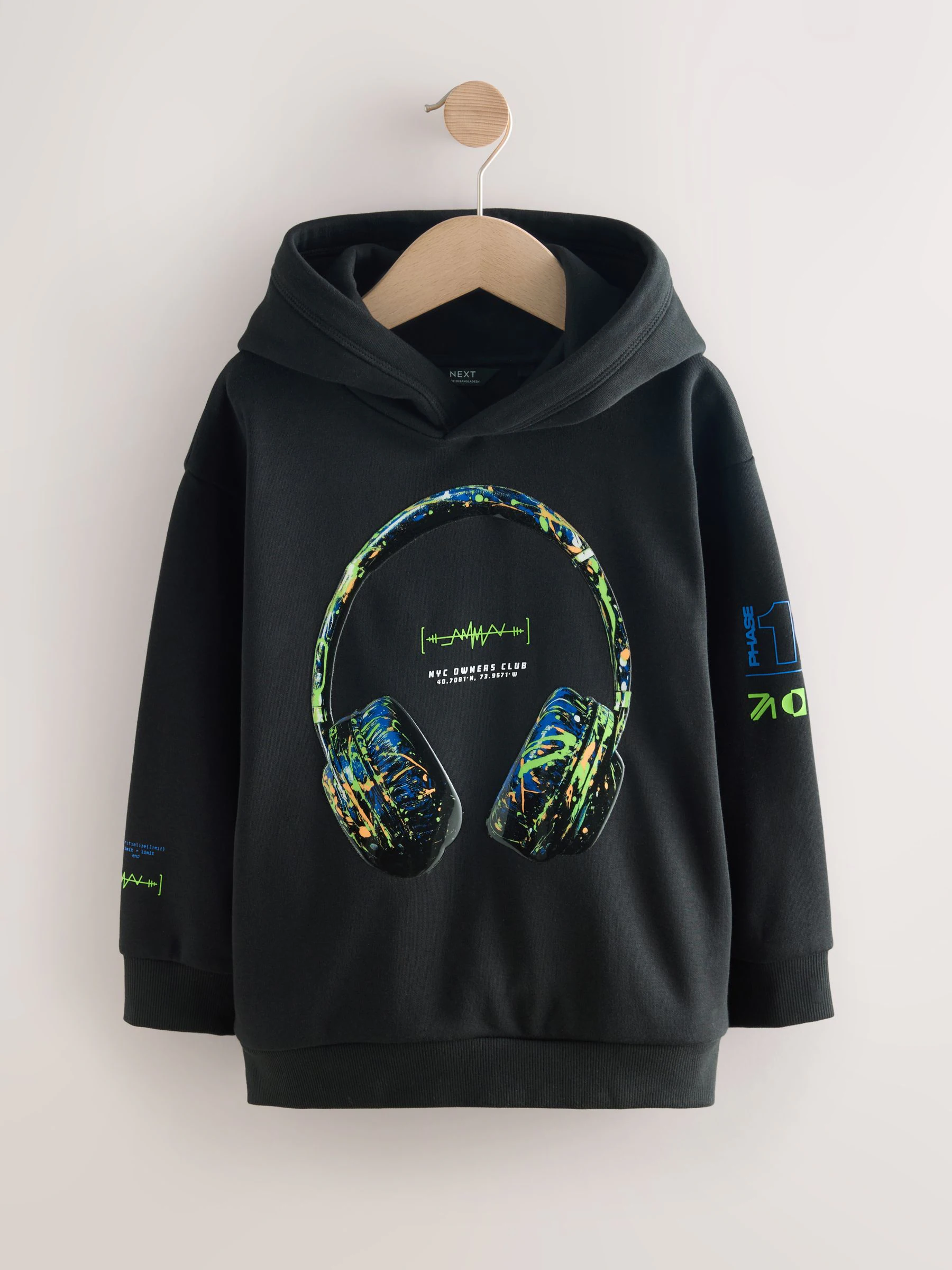 Zwart met koptelefoon - Grafische print hoodie voor oudere jongens (3-16jaar)