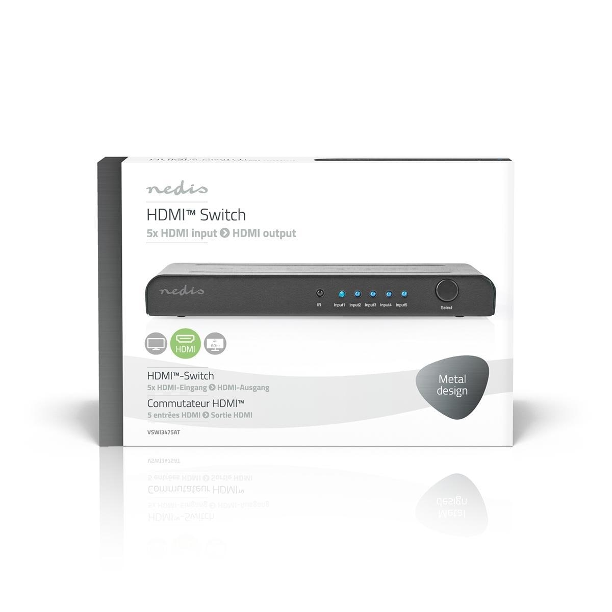 Nedis HDMI ™ Switch | 5-Port port(s) | 5x HDMI™ Inngang | 1x HDMI ™ -utgang | 4K@60Hz | 18 Gbps | Fjernstyrtkontrolert | Metall | Antrasitt