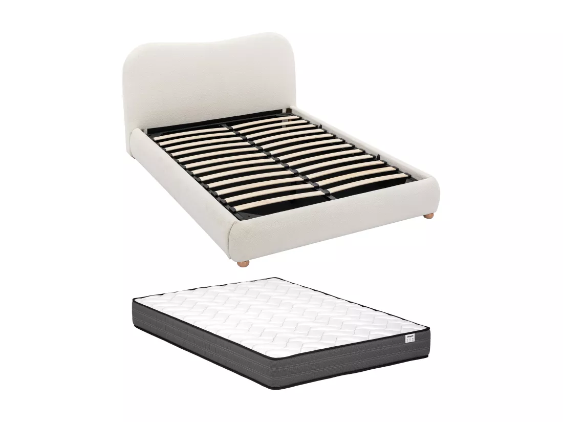 Lit coffre 180 x 200 cm - Tissu bouclette - Blanc + Matelas - VANARI