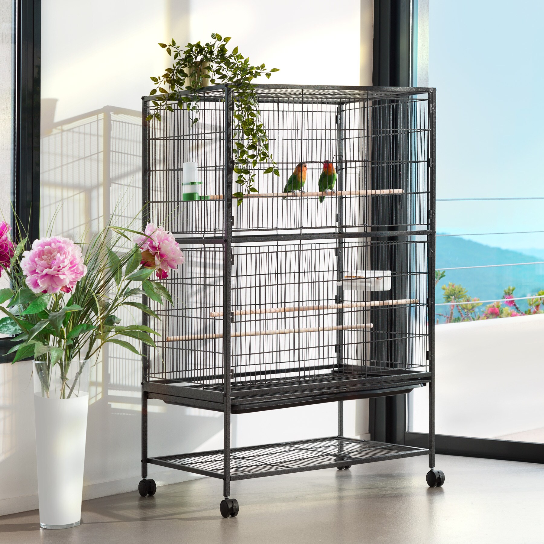 tectake® Vogelkäfig, in Hammerschlagoptik, 2 Schiebeöffnungen und geringer Gitterabstand, 78 x 52 x 131 cm