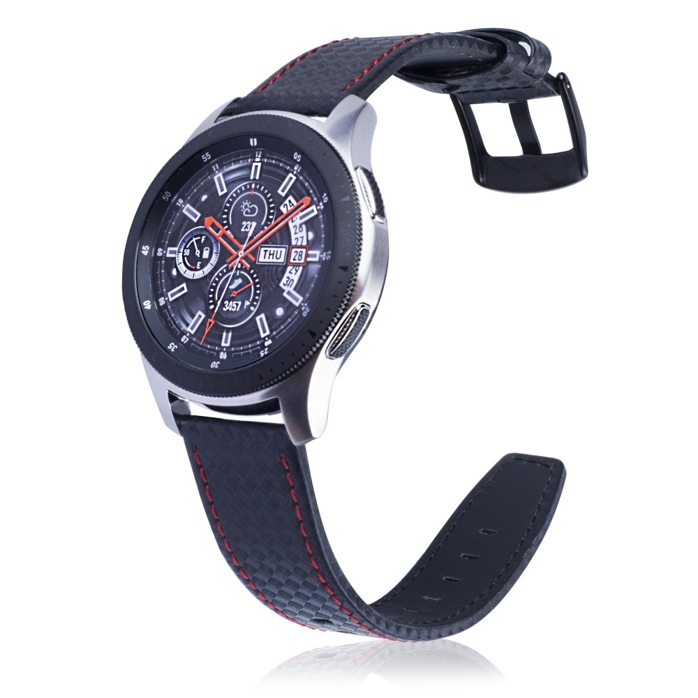 (Gr. XL) Samsung Galaxy Watch 46mm / Gear S3 Classic / S3 Frontier Echtleder Armband im Carbon Look (Gelenkumfang 185-245 mm) - Schwarz / Rot
