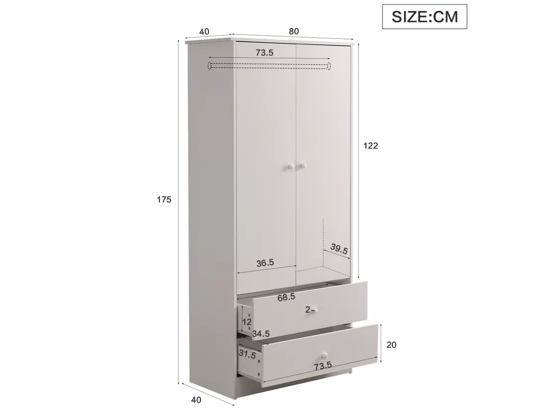 Armoire avec 2 portes et 2 tiroirs en panneaux de particules - H 175cm - Blanc
