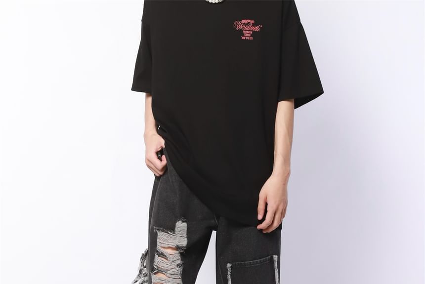 AXEN - Mid Rise Washed Ripped Flared Cargo Jeans