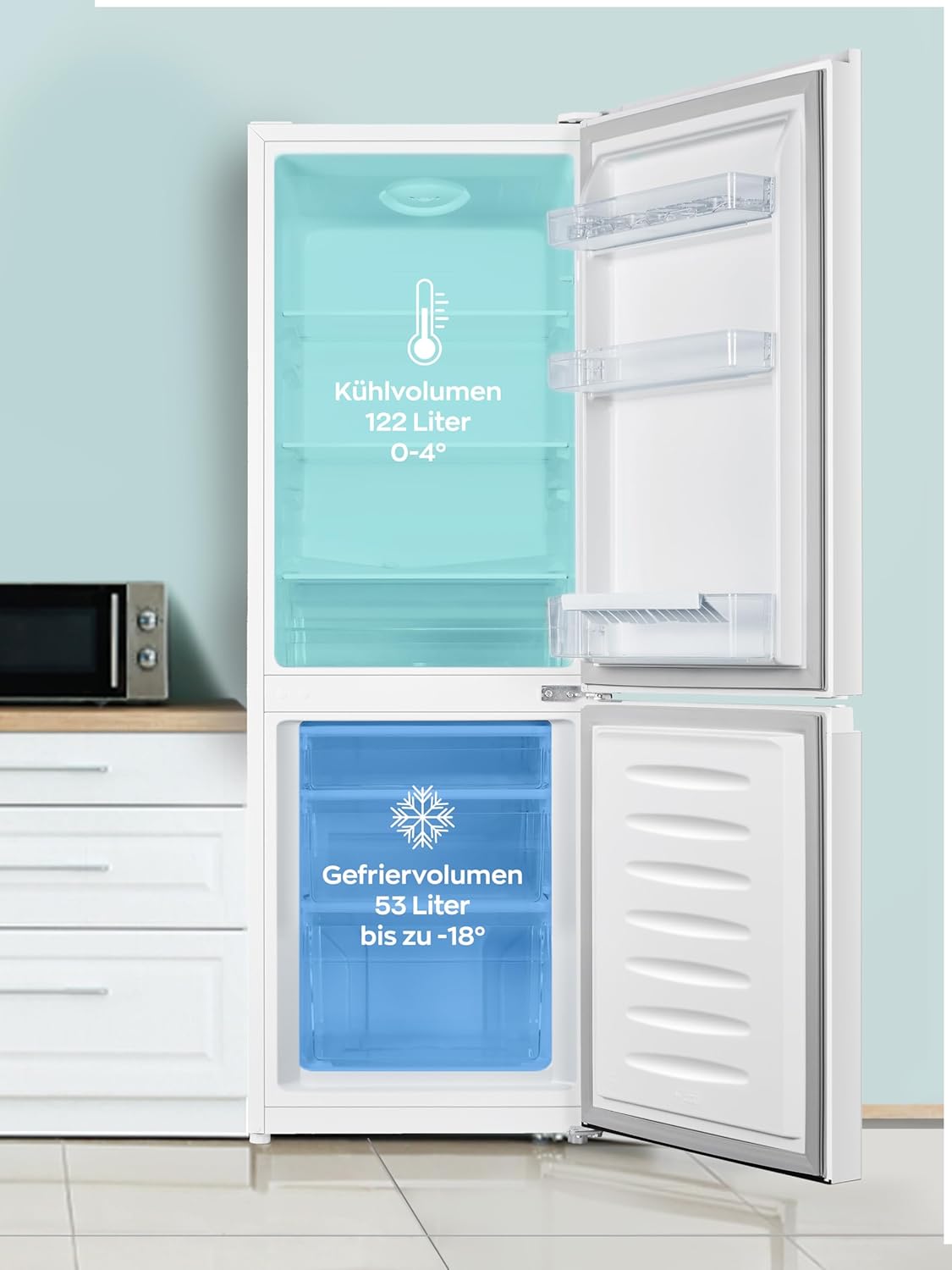Heinrich´s Kühlgefrierkombination 175Liter, XXL, kühlschrank mit gefrierfach, Kühlvolumen 122L, Gefrierfach 53L, leise 39dB,große Tiefkühlboxen, 7 Temperaturstufen (Energieklasse D, Weiß)