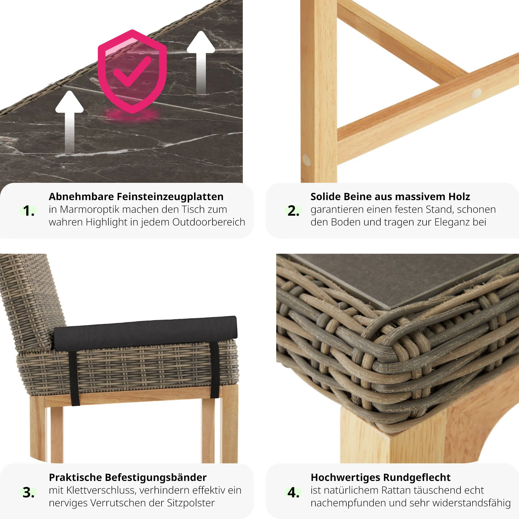 tectake® Rattan Tisch Lovas mit 6 Stühlen Latina, mit Aluminiumgestellen, wetterfest und UV-beständig, Beine aus Holz