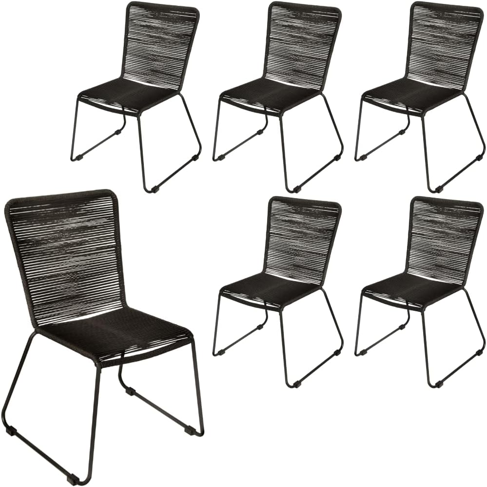 Loreno 6er Set Outdoor Seilstuhl ISRA – Stapelbare Gartenstühle mit Grauer Seilbespannung aus Polyester & schwarzem Eisen-Gestell – Modernes Rope Chair Design für Garten, Balkon & Terrasse, Schwarz