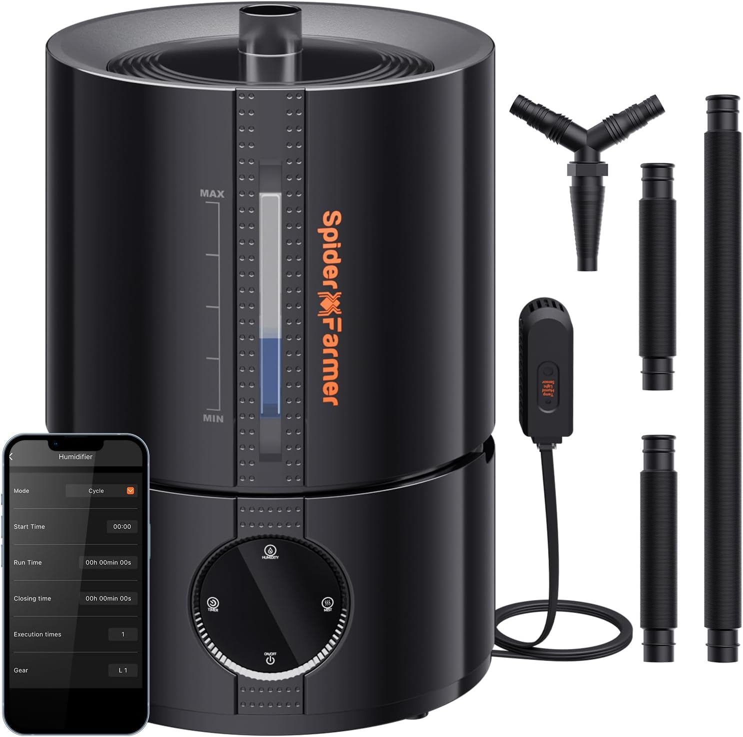 Spider Farmer Neuer 450ml/h Luftbefeuchter für Pflanzen Grow Zelt Schlafzimmer, GGS Smart Ultraschall Humidifier mit Hygrometer Automatische Befeuchtung Abschaltung Indoor Schwarz Klein 5L Top-fill