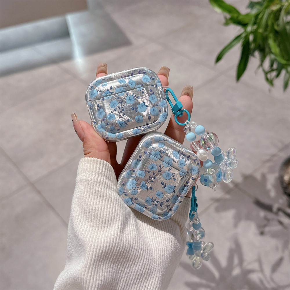 AirPods (3. Generation) Gummi Case Schutzhülle mit Handschlaufe Blumen Design - Blau / Transparent