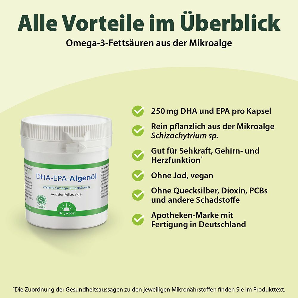Dr. Jacob's DHA-EPA-Algenöl Kapseln Omega-3-Fettsäuren aus Algen vegan
