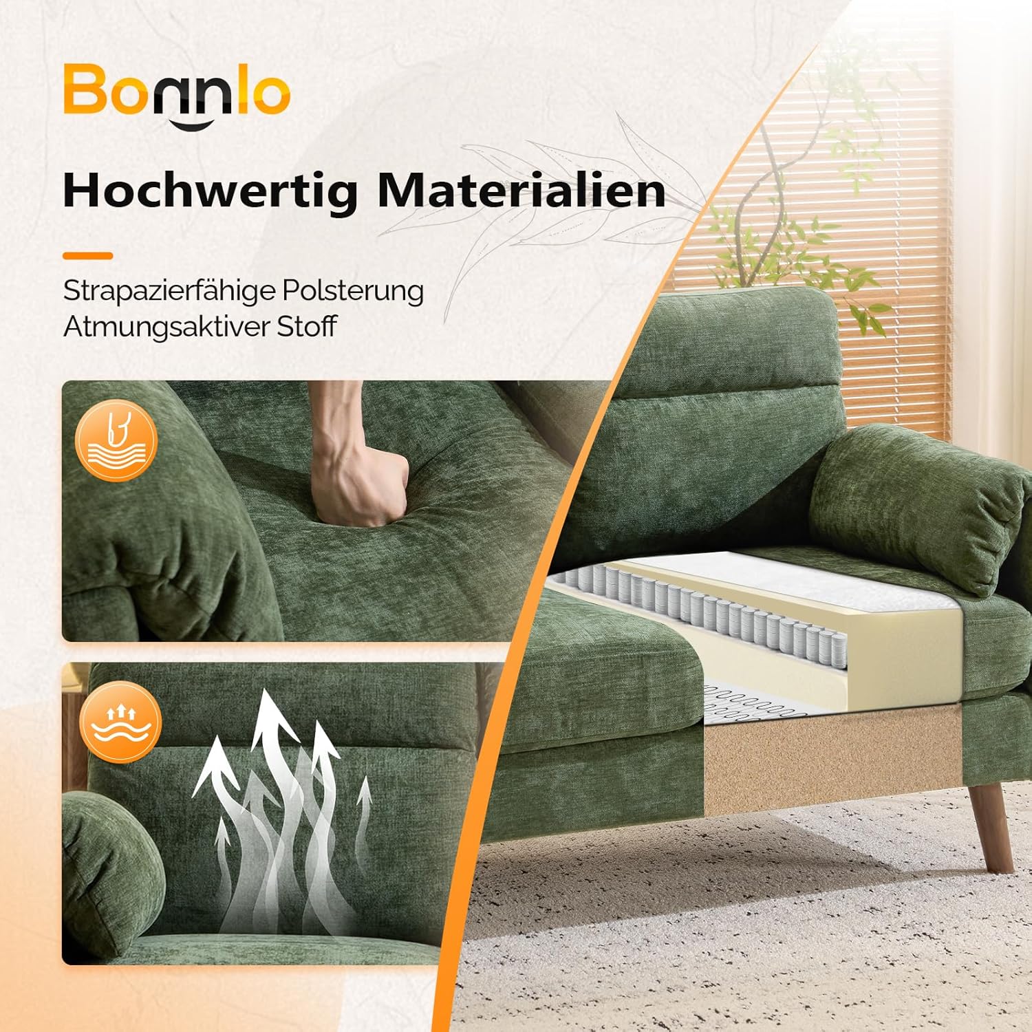 Bonnlo Sofa 2 Sitzer klein, 125cm Couch mini, Kleine Stoffcouch mit weichen Armlehnen, Kleines Sofa für Büro, Wohnzimmer, Schlafzimmer und Arbeitszimmer,Einfache Montage, Leinen (Grün)