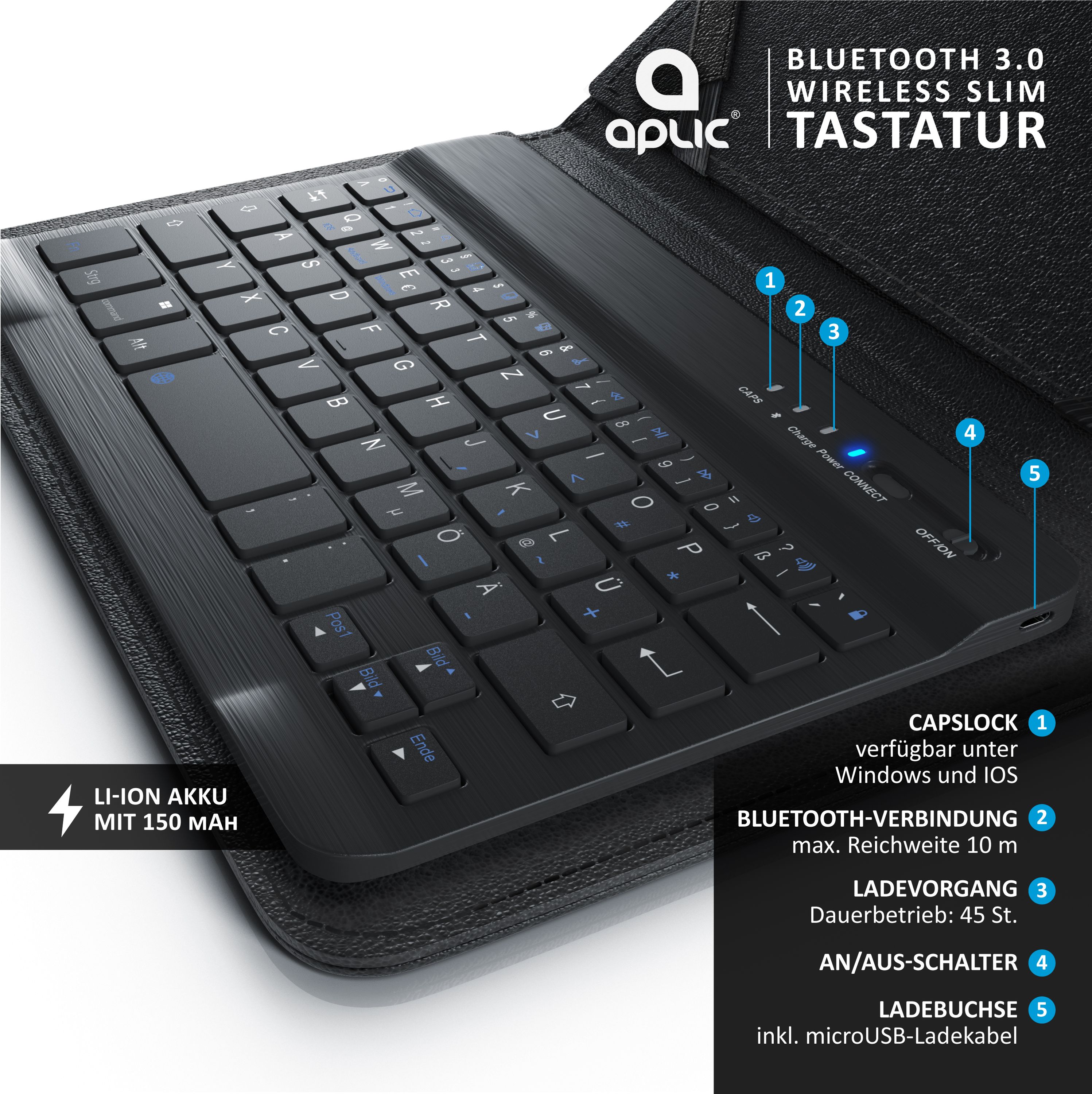 Aplic Tablet-Tastatur, Bluetooth, Kunstledercase für 7-8