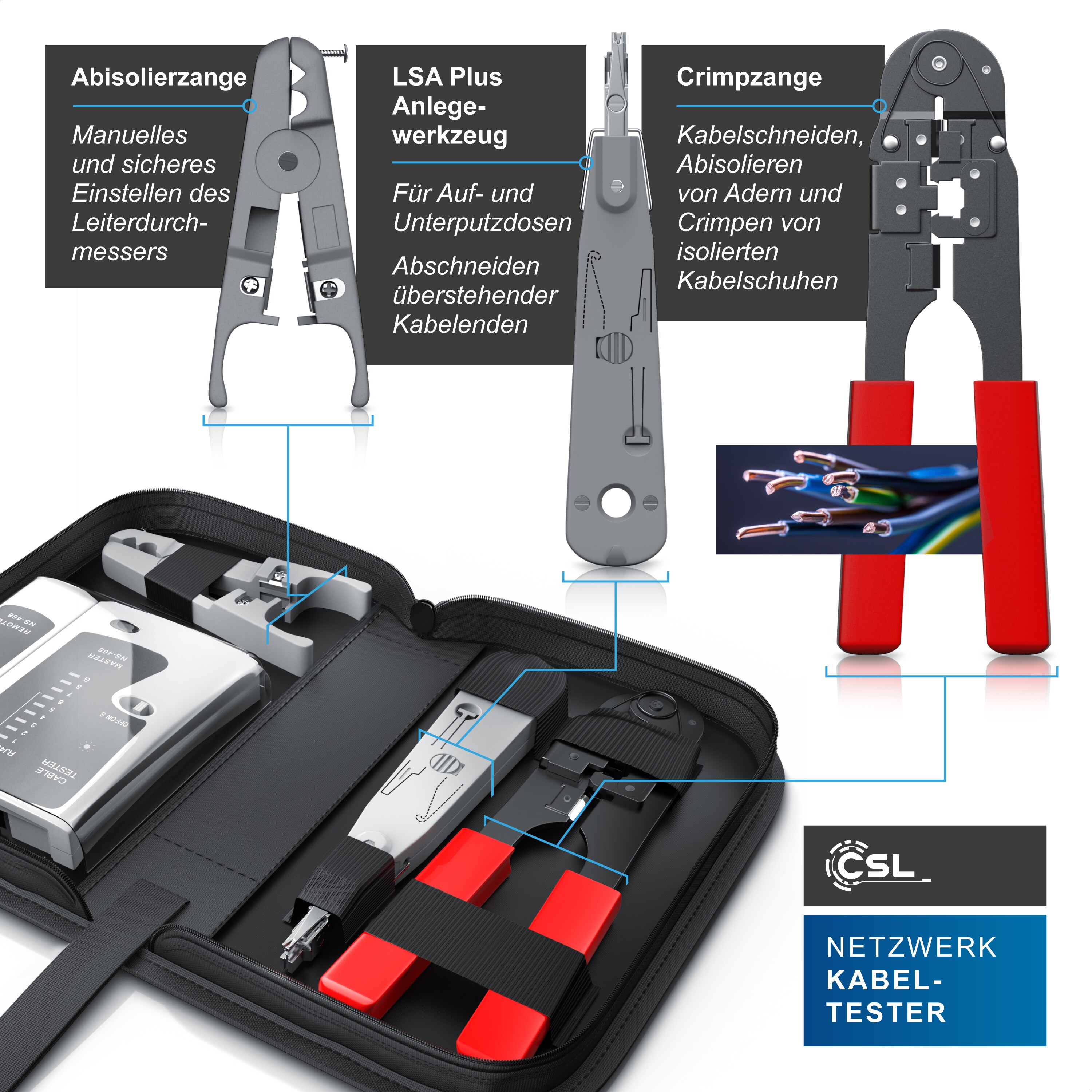 CSL Netzwerk Kabeltester für RJ45-/RJ11-Kabel geeignet für Telefon & Netzwerk / inkl. Zubehör