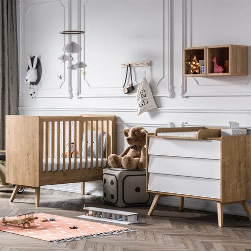 Chambre DUO VINTAGE Lit 70x140 Commode Bois Blanc - VOX