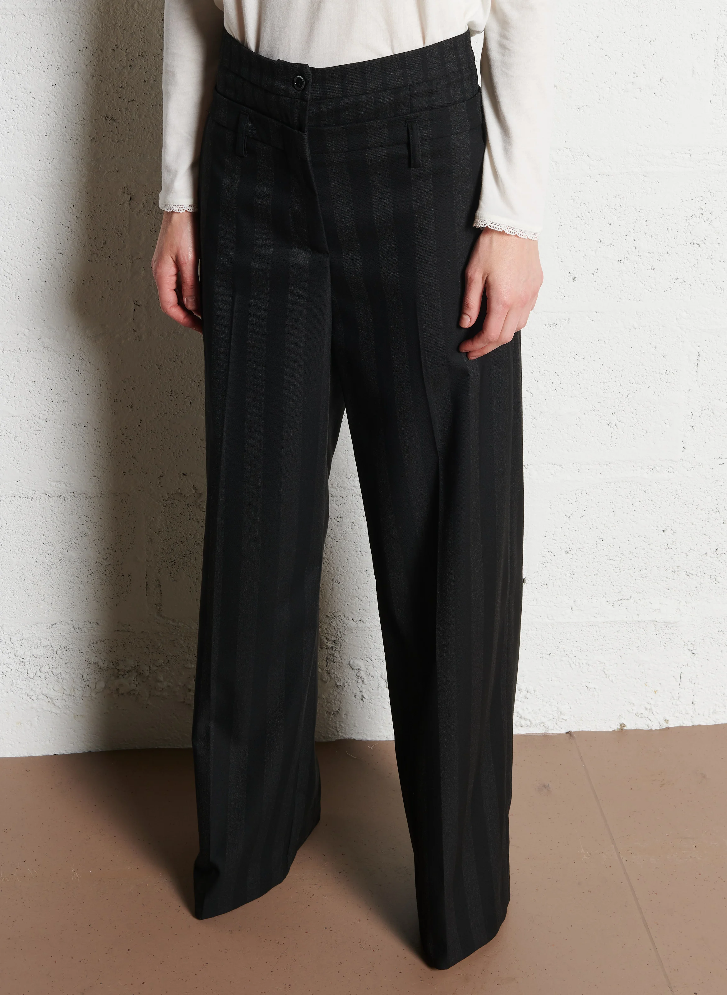 Pantalon large rayé à double tailles| Noir