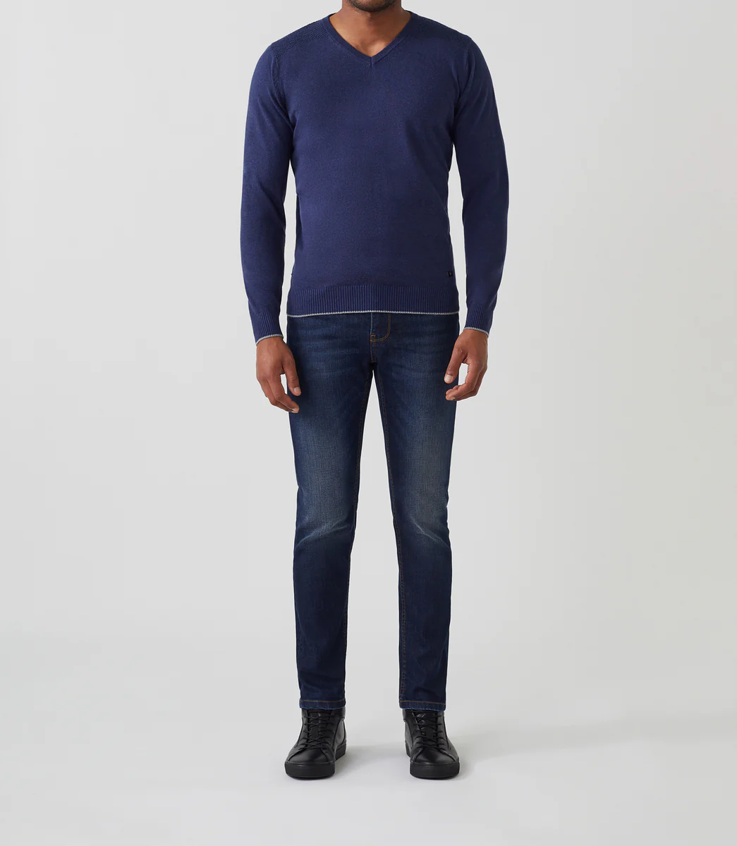 Pull col V coton-cachemire bleu 