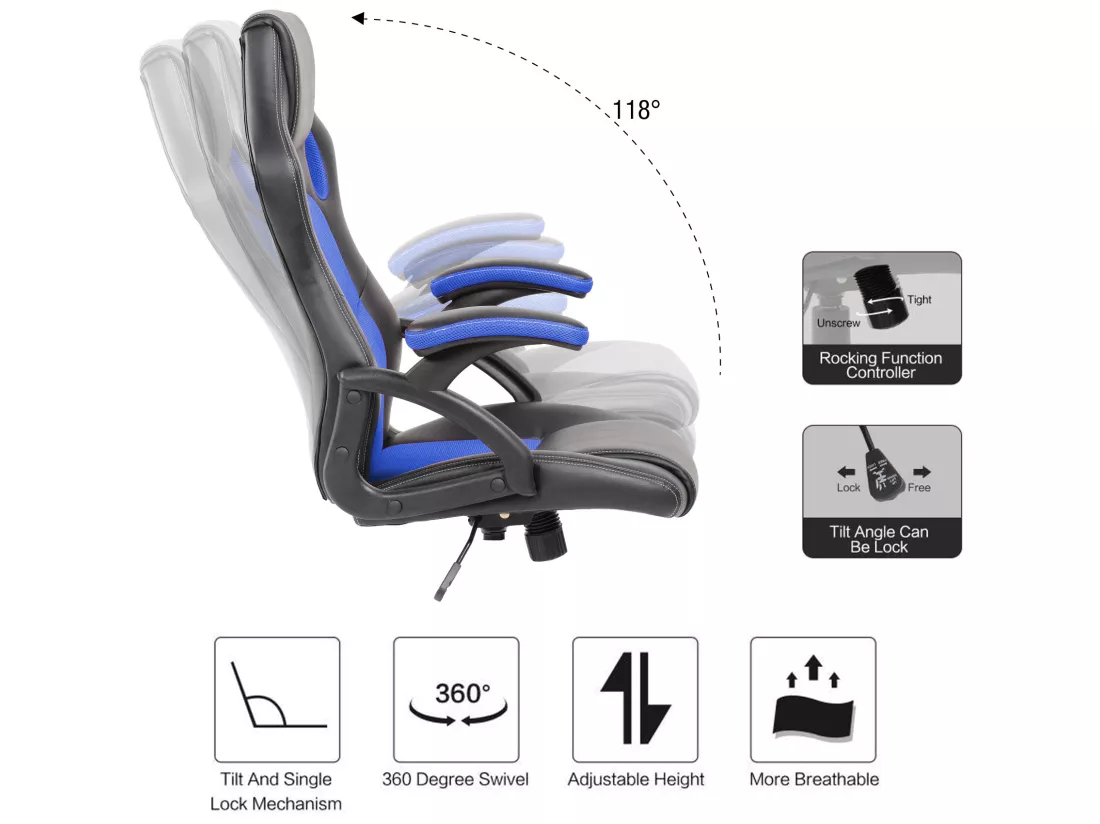 Fauteuil Gamer Siège Noir Bleu Nylon Simili-cuir 120x66x63