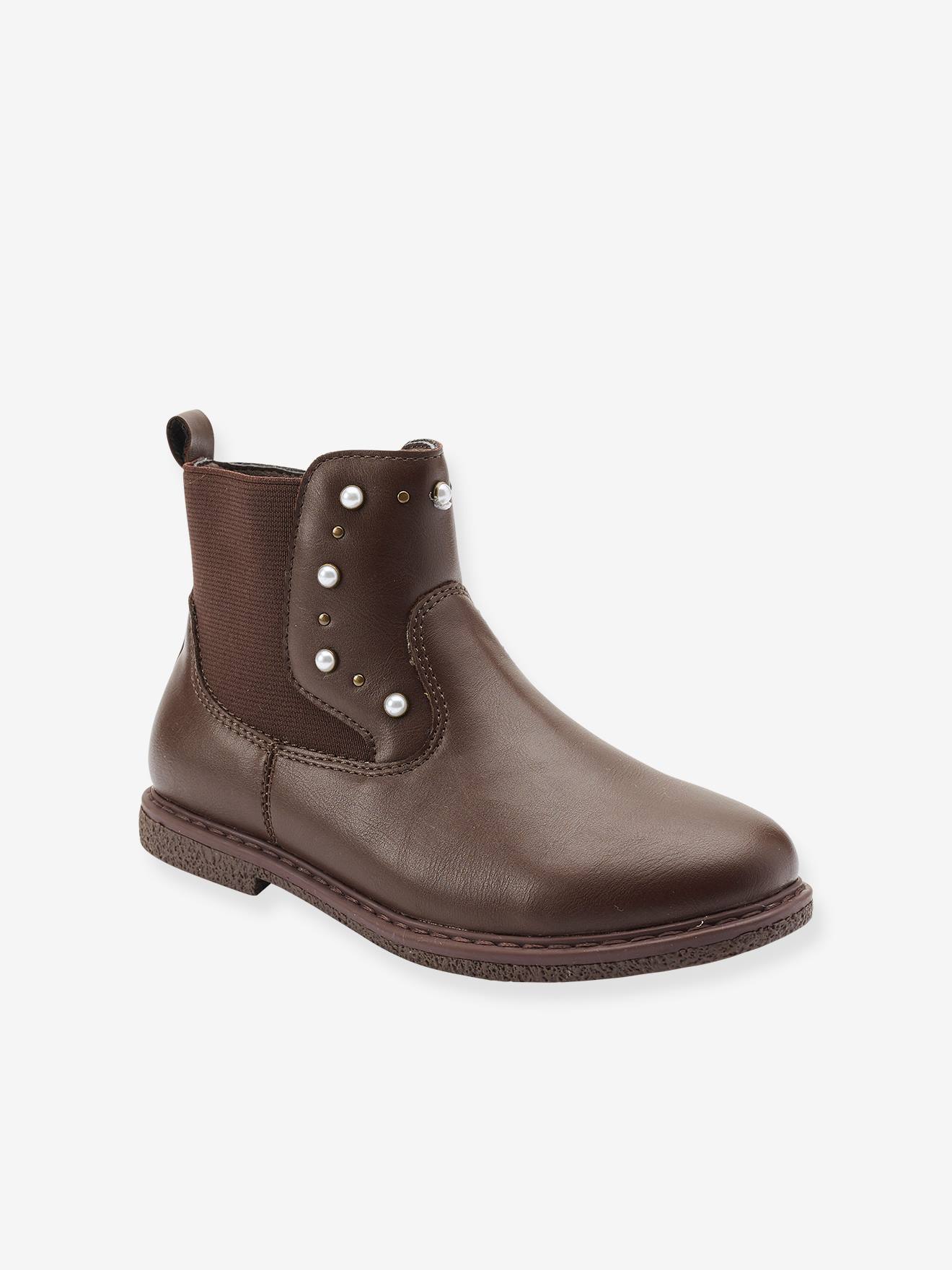 Botas de cano curto elegantes com um pequeno salto, para menina, cor marrom médio liso.