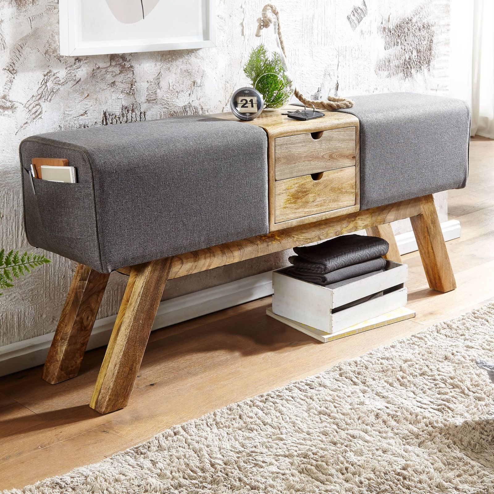 Sitzbank - grau - Mango massiv - Webstoff - 120 cm