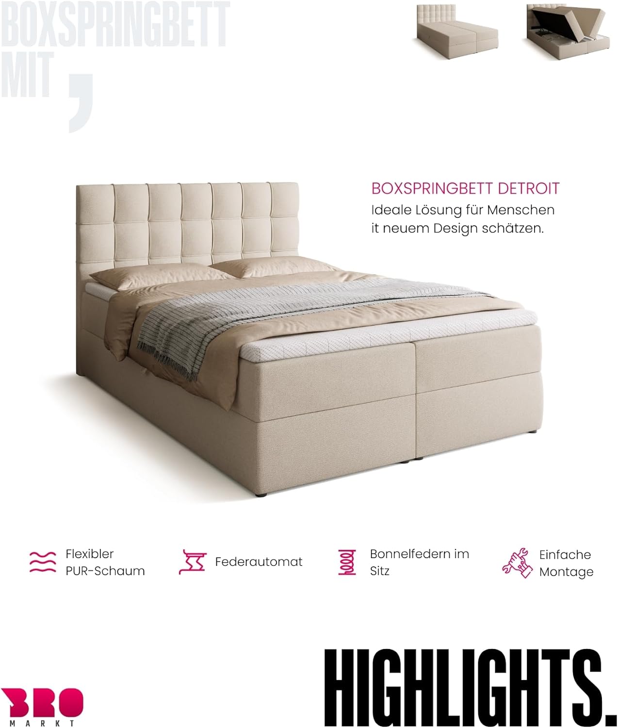 BROMARKT Boxspringbett mit Bonell Matratze und Bettkasten Doppelbett mit Topper 140x200cm Härtegrad H3 Bett für Schlafzimmer gepolsterte Kopfstütze Detroit Beige