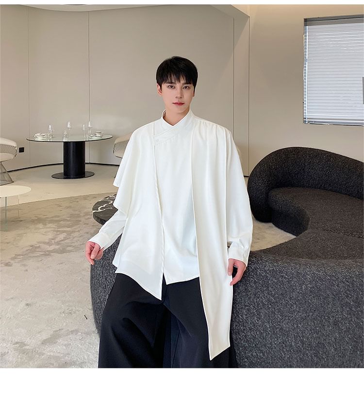 Adotuastic - Overhemd met lange mouwen, opstaande kraag, effen asymmetrisch geknoopt