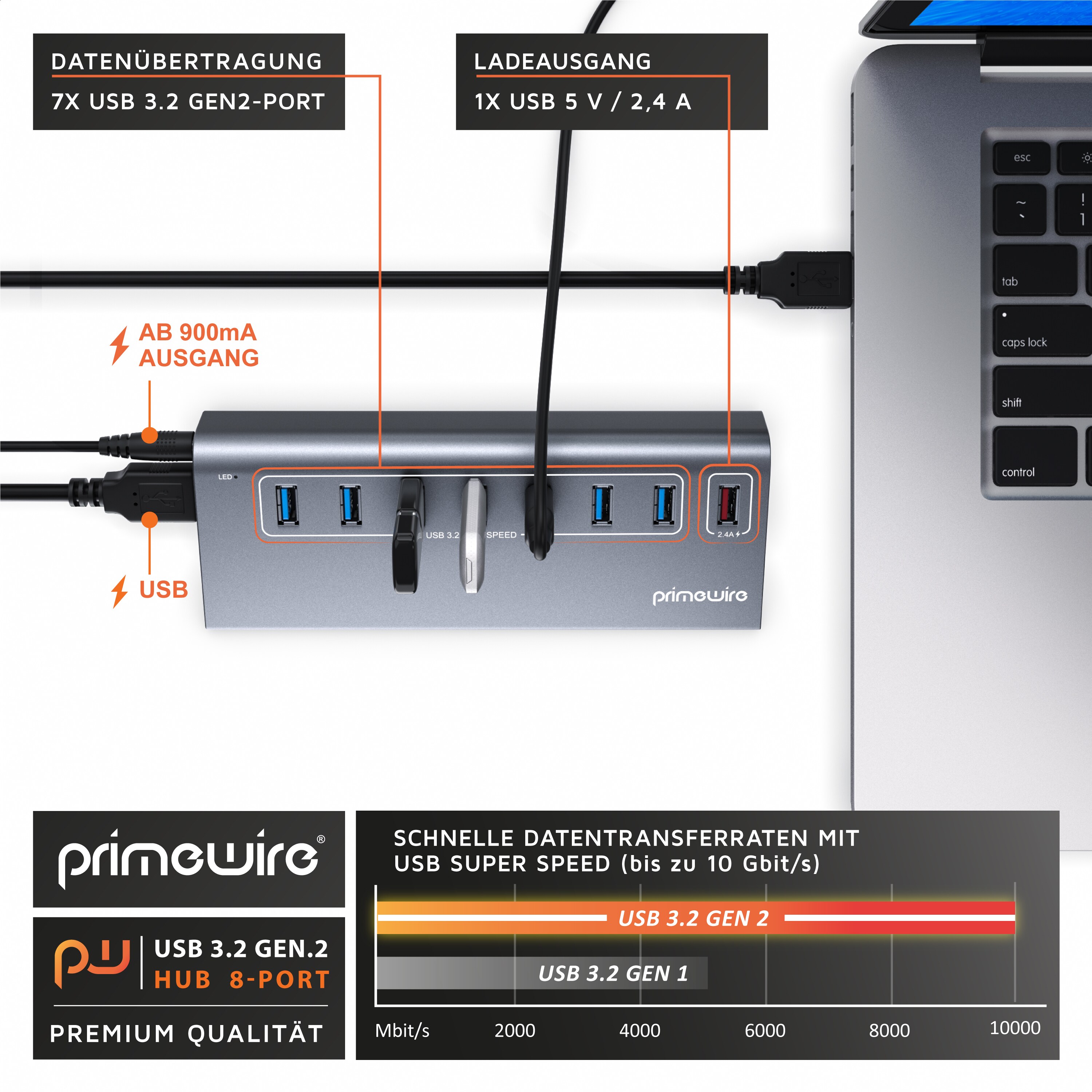 Primewire 8 Port USB 3.2 Gen.1 Port Hub - 8 x USB 3.2 Gen1, Davon 1x USB Ladeport smart Charge - 8 Port Verteiler mit Netzteil - Alugehäuse - für PC