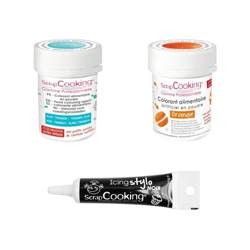 2 colorants alimentaires orange-turquoise + Stylo glaçage noir Scrapco