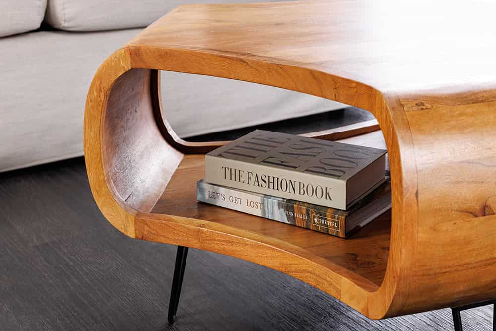 Retro Couchtisch ORGANIC LIVING 70cm braun Akazie Massivholz honey finish  Stauraum
