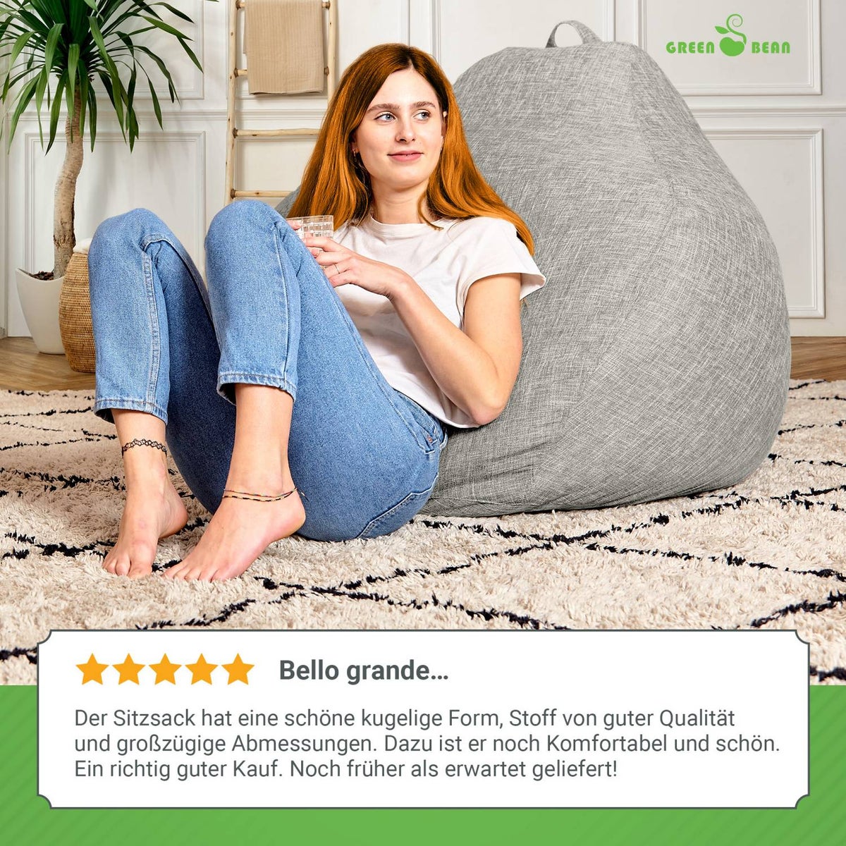 Green Bean Indoor Zitzak met 200 liter gevuld met EPS-korrels, knuffelzacht, wasbaar - Stoffen vloerkussen, ligstoel, zitkussen, loungestoel voor binnen - Zilvergrijs